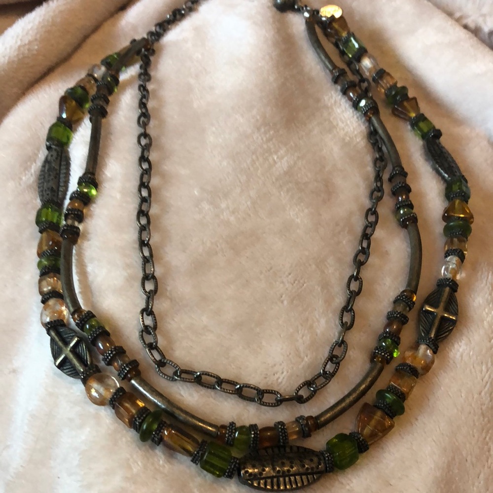 Two Chicos necklaces.  One antiqued silvertone with acrylic beads. One gold tone
